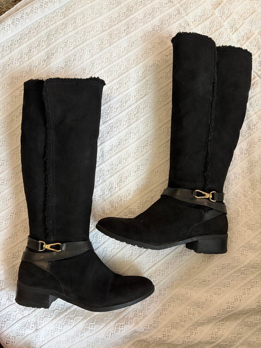 Tommy Hilfiger Black Riding Boots Faux Suede Faux Fur Buckle Womens 9M